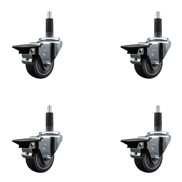 3'' Thermoplastic Rubber Swivel 1'' Expanding Stem Caster Set with Brake, 4PK